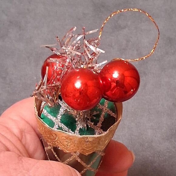 Vintage Christmas Cone Ornament Tinsel & Balls - Picture 1 of 7
